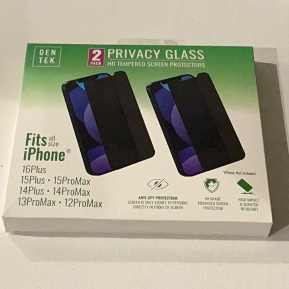GEN TEK (2) Two Privacy Glass HD Tempered Screen Protectors. Fits iPhones.